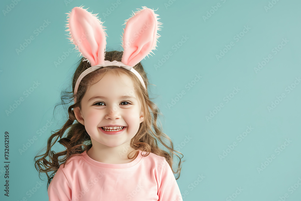 Happy little girl wearing easter rabbit headband with ears on background.