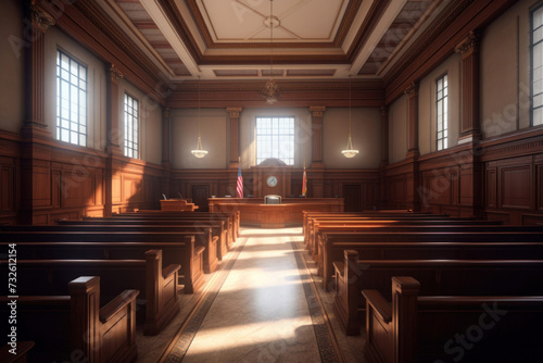 Interior of Empty courtroom or courtroom.