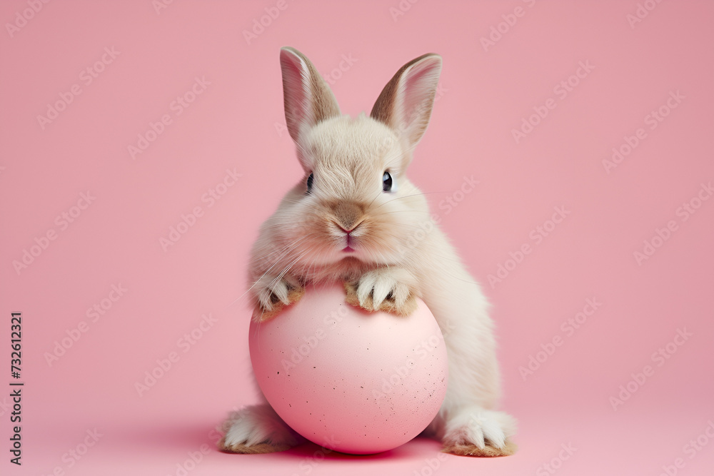 Obraz premium Easter bunny rabbit with pink painted egg on pink background. Easter holiday concept