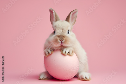 Easter bunny rabbit with pink painted egg on pink background. Easter holiday concept © olyphotostories