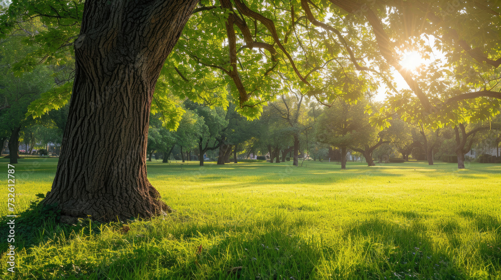 Obraz premium Beautiful landscape in park with tree and green grass field at morning.
