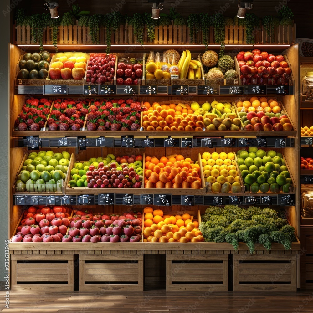 Abundant Display of Fruits and Vegetables in a Store