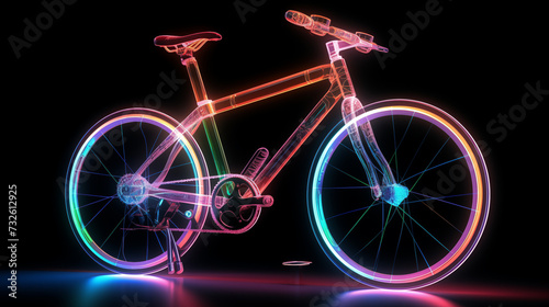 bicycle on a black background with neon blue hologram style