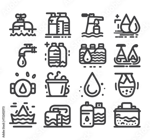 Editable vector pack of water icons. Water drops icon set. Editable vector pack of water line icons. A drop of water. Glass, magnifier, washing hands, shower. Vector illustration