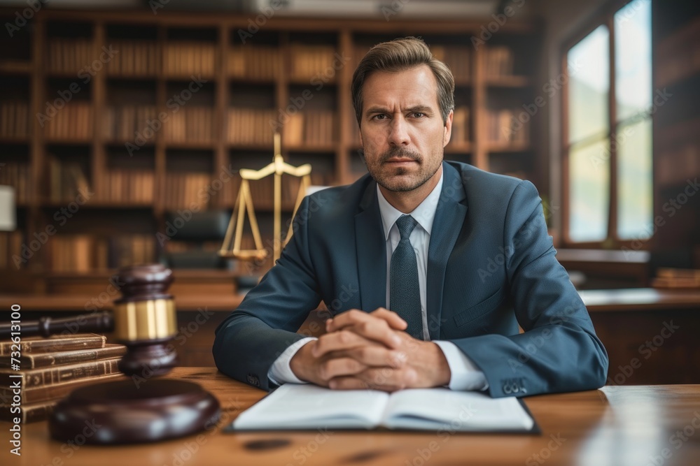 Fototapeta premium Man Sitting at Desk With Law Book
