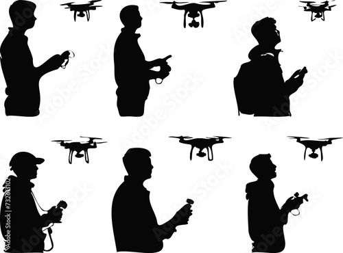 illustration silhouette man holding remote operating drone, bundle set