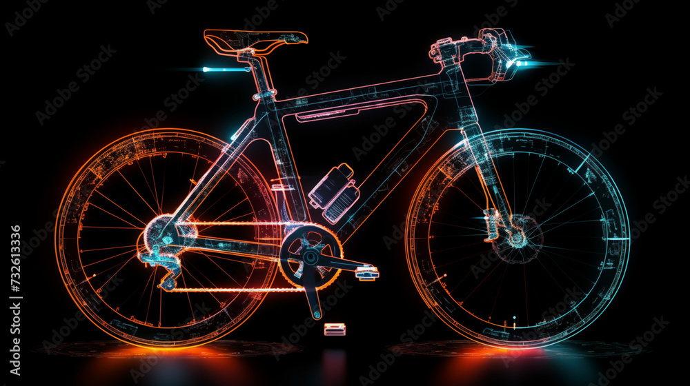 bicycle on a black background with red neon hologram style