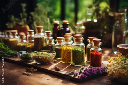 Apothecary Bottles with Dried Herbs and Spices