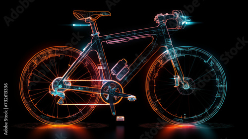 bicycle on a black background with red neon hologram style