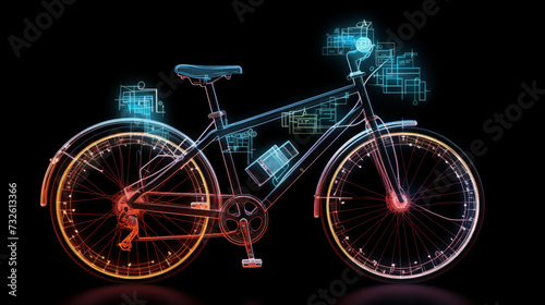 bicycle on a black background with green neon hologram style