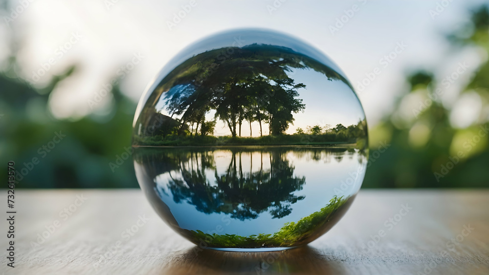 water glass globe with landscape with green energy background include copy space water glass globe with landscape with green energy background include copy space