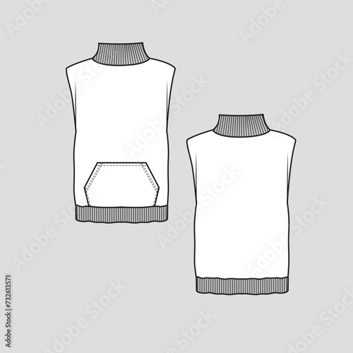 Sleeveless Turtle Neck Sweatshirt Kangaroo Pocket high neck Fashion drawing template design  flat sketch  vector