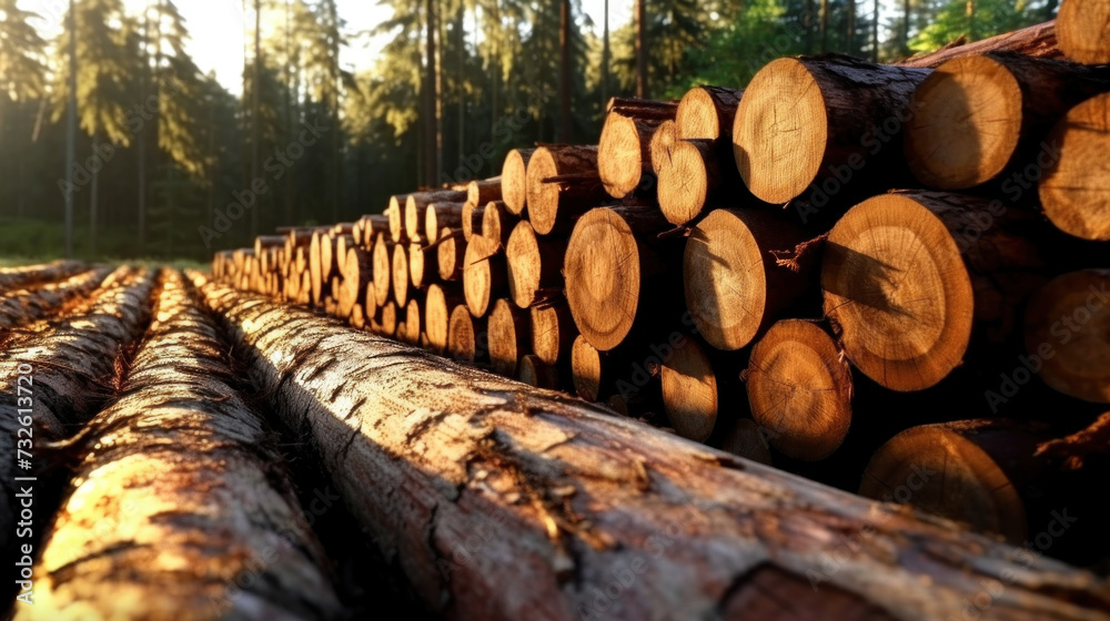 Log trunks pile, Wooden trunks pine, wood industry. Log trunks pile, Wooden trunks pine, wood industry.