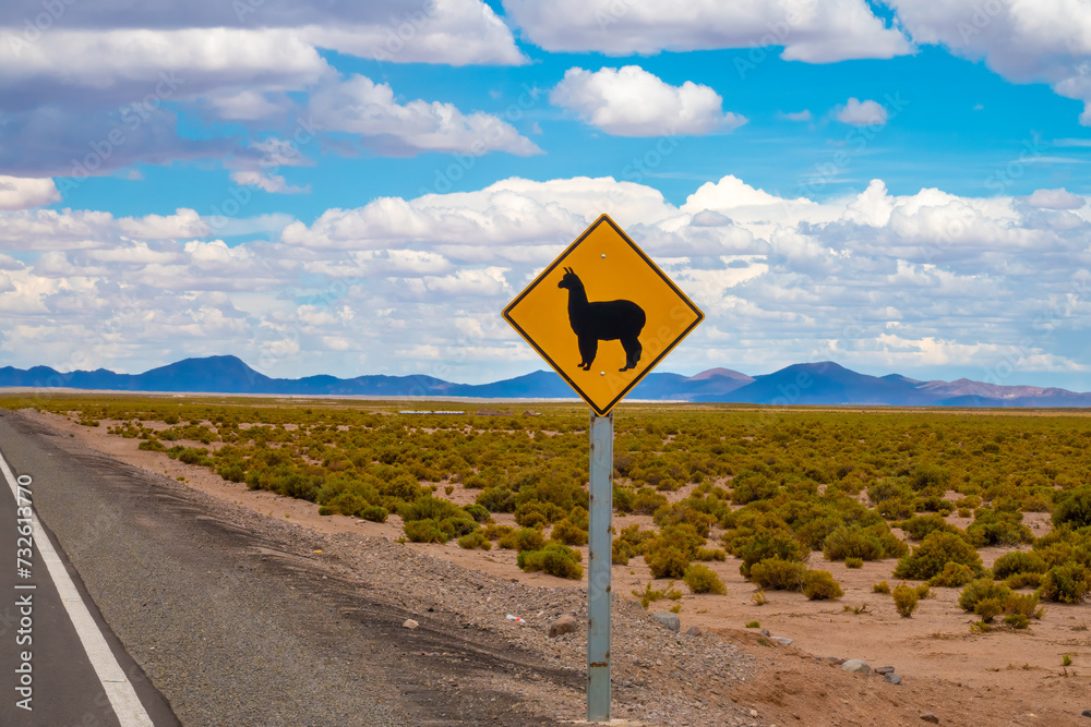 Llama crossing sign on the road Uyuni (Potosi, Bolivia) to Calama (Antofagasta, Chile), Bolivia