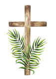 Wooden catholic cross with palm leaf,  Palm Sunday Concept. Hand drawn watercolor illustration isolated on white background