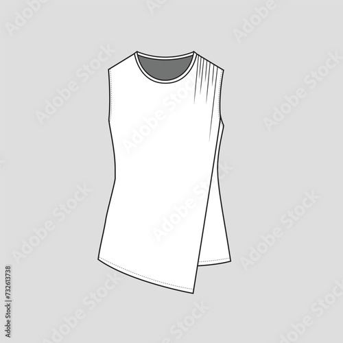 Sleeveless cut pleat top crew neck high low fashion hem  Flat Sketch technical drawing template design vector