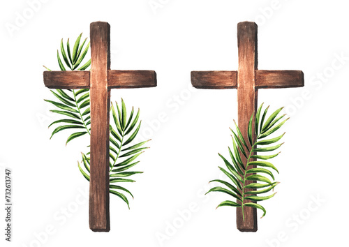 Wooden catholic cross with palm leaf set, Palm Sunday  Concept. Hand drawn watercolor illustration isolated on white background © dariaustiugova
