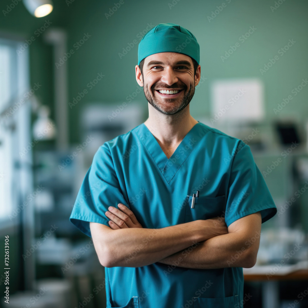 Portrait of happy surgeon man with arms crossed in hospital, Healthcare and wellness concept. Portrait of happy surgeon man with arms crossed in hospital, Healthcare and wellness concept.