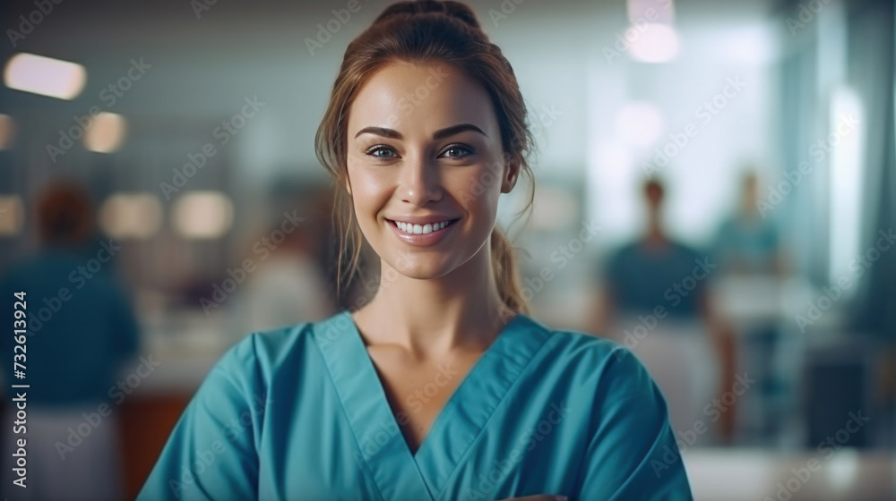 Fototapeta premium Portrait of happy surgeon woman with arms crossed in hospital, Healthcare and wellness concept.
