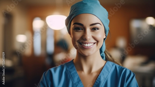 Portrait of happy surgeon woman with arms crossed in hospital, Healthcare and wellness concept.