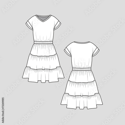 Tiered Ruffles Dress V Neck Roll up Sleeve Drop Shoulder Waist Gathering Fashion Dresses clothing flat sketch drawing template