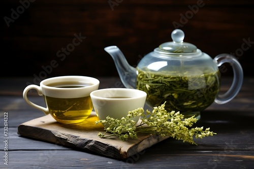 Cup with green tea and teapot on grey wooden background
