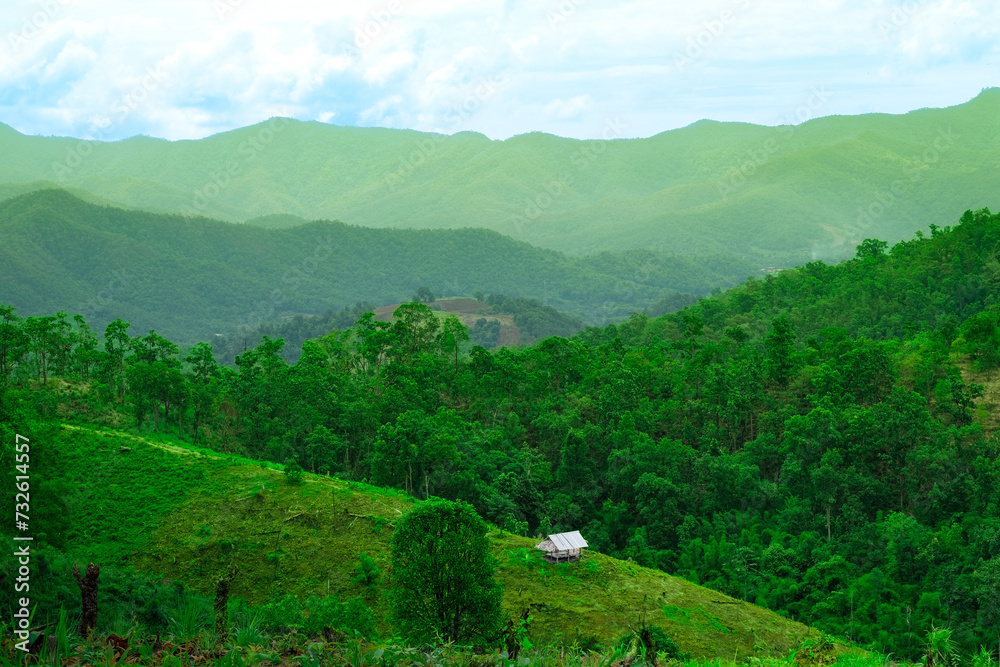 Fototapeta premium Lonely Hut Amidst the Green Hills of Thailand Rainforest Jungle Country Side - Travel Backpacking Tourism Background 