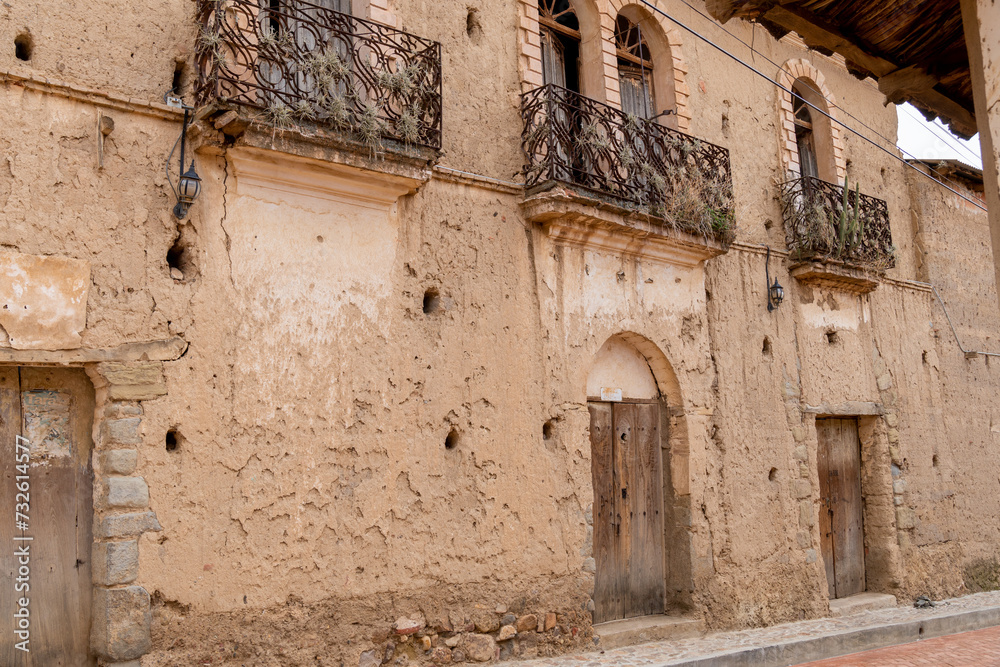 old colonial house made of adobe mud bricks, traditional house in Tarata Cochabamba