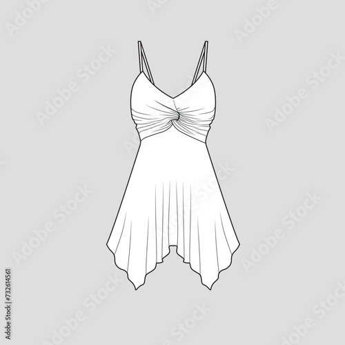 Twisted Asymmetrical hem Ruffles tunic top Camisole Strap Fashion clothing cad  flat sketch template Drawing