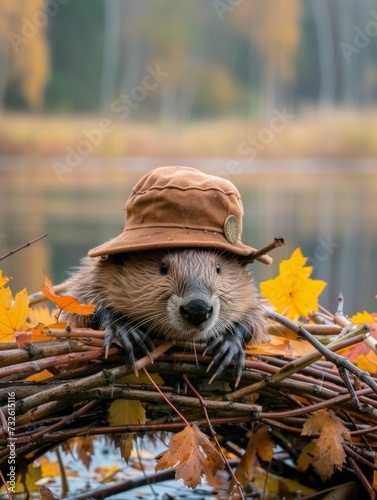 A beaver, sporting a miniature lumberjack hat, constructs a dam from autumn-hued twigs, illustrating seasonal diligence and foresight