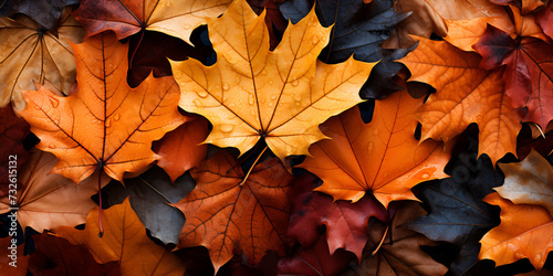 A lot of colorful leaves in the naturalistic tones Autumn Leaves. Wallpaper with orange and golden colors.
