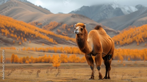 Camel with a backdrop of distant autumn hills, symbolizing endurance and the journey through the changing seasons photo