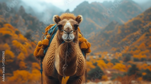 In the midst of changing autumn hills, a camel embodies the spirit of persistence and the rhythmic change of the seasons photo