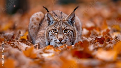Lynx crouched in a pile of fallen leaves, eyes focused, capturing the silent and observant essence of autumn wildlife