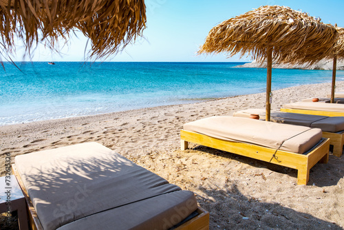Fototapeta Naklejka Na Ścianę i Meble -  Lia Beach, wild and free beach in the south of Mykonos, Greece. Pristine bay with blue sea and crystal water, famous for naturism and Scuba diving school, peaceful and quiet.