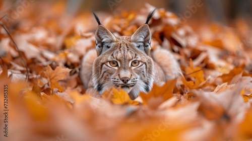 A lynx, nestled in autumn's embrace, with a gaze that pierces the quiet, embodies the vigilant spirit of the season's fauna