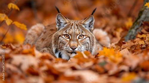 Amongst the scattered leaves of fall, a lynx lies in wait, a figure of concentration and the quietude of nature's cycle