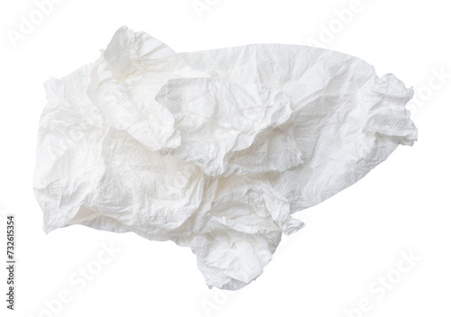 Top view of screwed or crumpled tissue paper or napkin in strange shape after use in toilet or restroom isolated on white background with clipping path