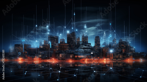 city skyline landscape background with smartcity network hologram white and red neon