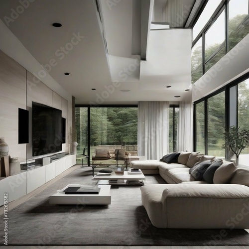 modern living room with large windows 