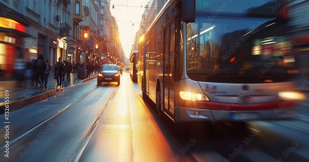The Swift Blur of a Bus as It Maneuvers Through Congested City Streets