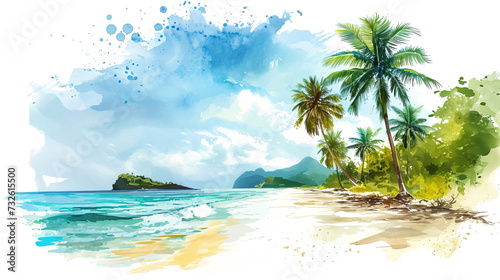 Watercolor drawing beach white background, Palm-fringed tropical beach by the serene sea under a sunny sky, creating a picturesque paradise for a relaxing summer vacation, wide size