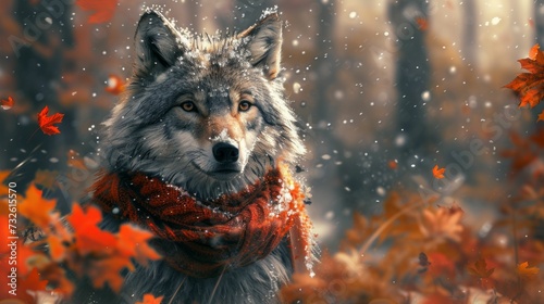 Adorned with a scarf, a wolf pup in a snow-kissed forest marries the essence of autumn with the whisper of winter's arrival © Kanisorn