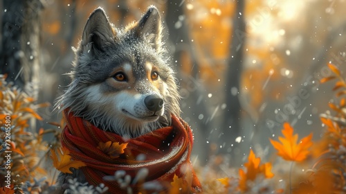 In the transition from fall to winter, a wolf pup wrapped in a scarf stands in a forest, symbolizing the seamless change of seasons