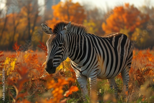 Zebra grazing in a field with autumn trees in the background, illustrating the blend of wild nature and seasonal change © Kanisorn