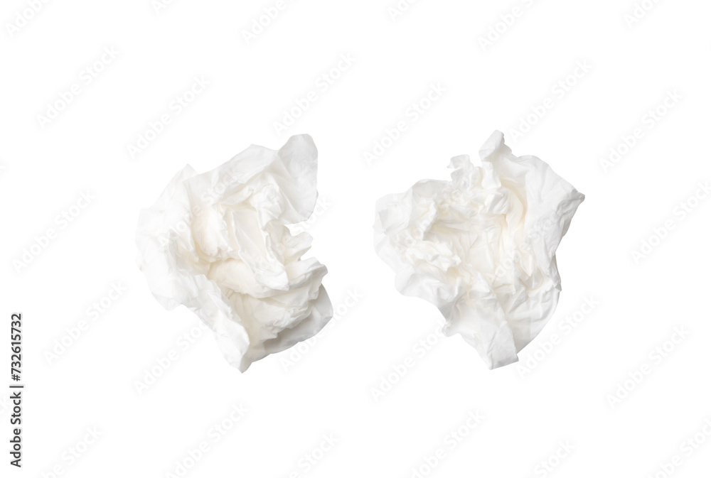 Top view set of screwed or crumpled tissue paper or napkin in strange shape after use in toilet or restroom isolated on white background with clipping path