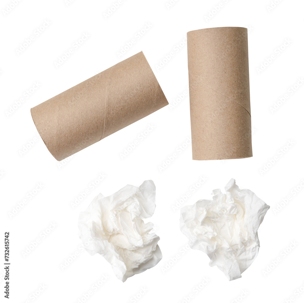 Top view set of screwed or crumpled tissue paper or napkin with cores in strange shape after use in toilet or restroom isolated with clipping path in png file format. Top view set of screwed or crumpled tissue paper or napkin with cores in strange shape after use in toilet or restroom isolated with clipping path in png file format.