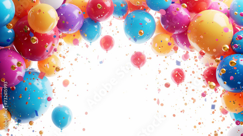Balloons, Confetti 3d party set on a white background. Festive Template in colorful colors for party illustration, surprise, celebrate, gift, birthday invitation. Realistic vector confetti style