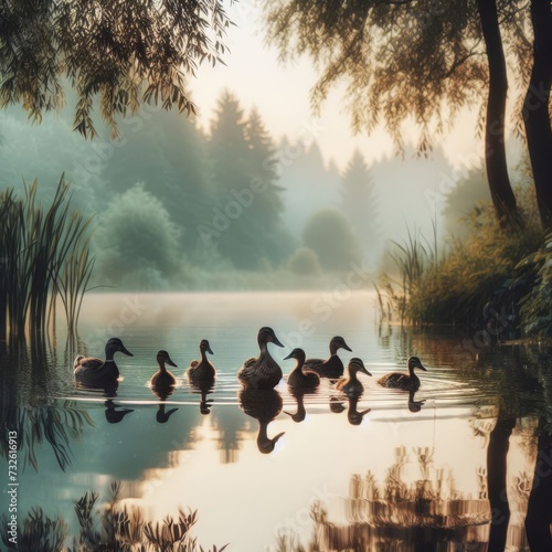 A family of ducks wading in a serene pond, their reflections mirrored in the calm water, with the gentle ripples capturing the peaceful atmosphere