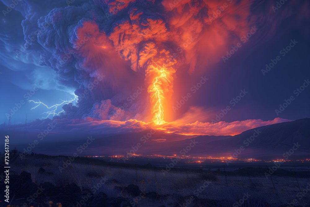 A landscape of lightening eructing  Mauna Loa Volcano in Hawaii with smoke and a hazy sky - obrazy, fototapety, plakaty 
